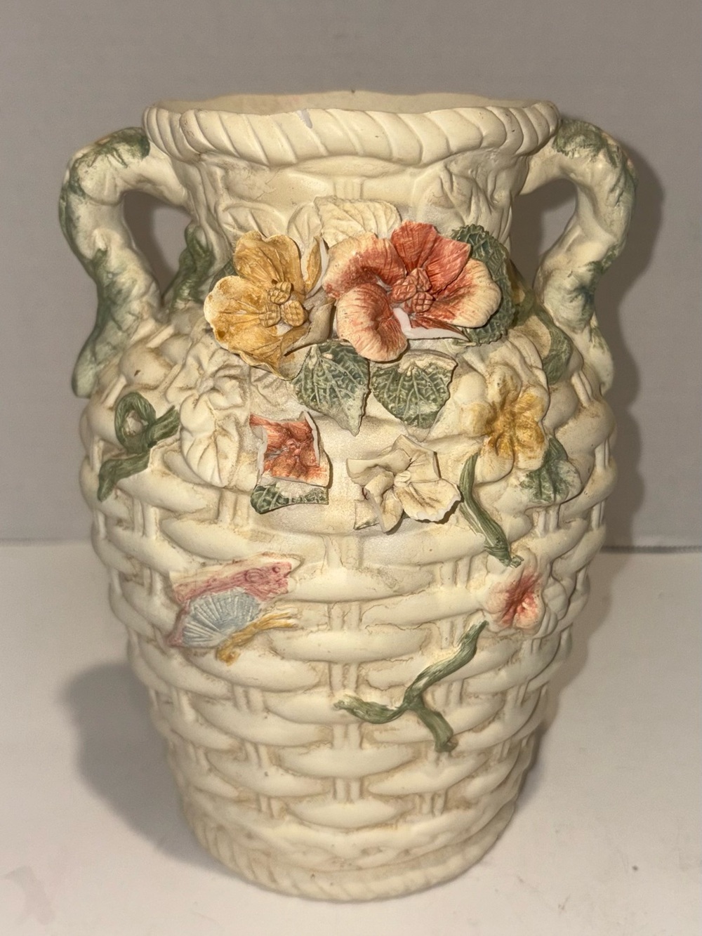 Vintage Cream Ceramic Basketweave Vase with Floral Appliqués